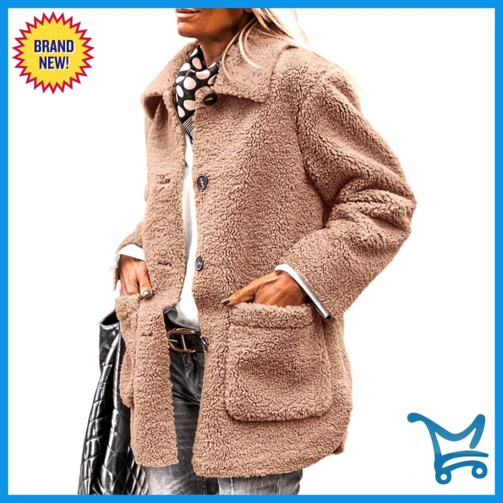 Faux Fur Sherpa Jacket Women's Winter Coat Button Down Lapel Pockets